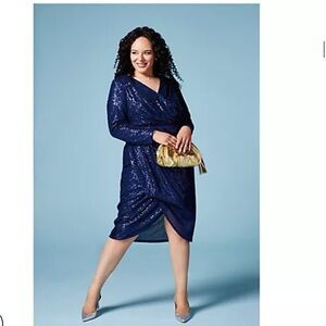 Isaac Mizrahi Live Cocktail Party Sequin Wrap V-Neck Dress Large Size Navy Blue